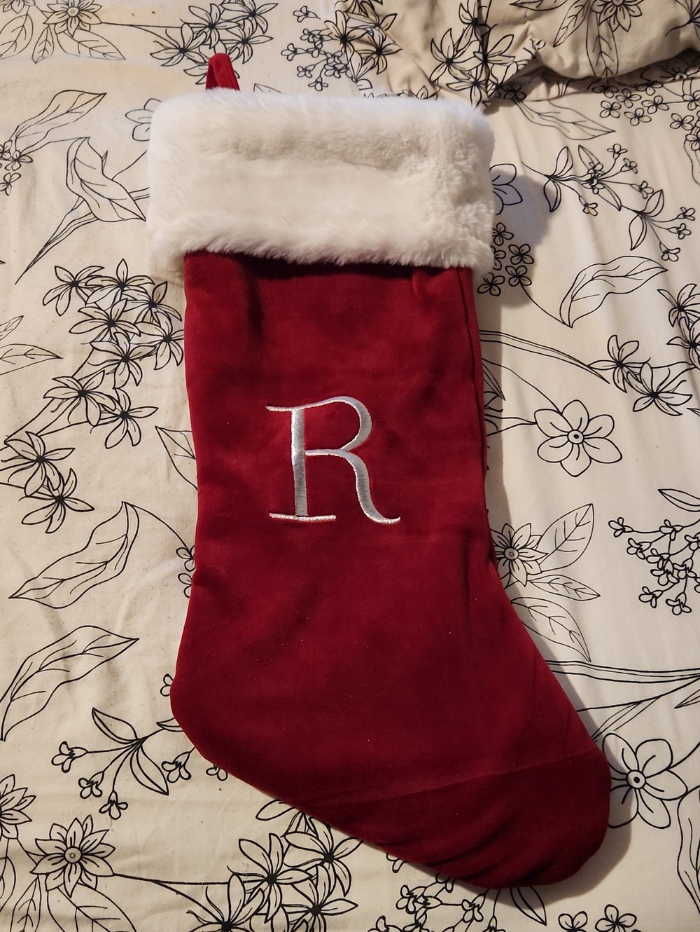 Monogrammed Red Velvet Christmas Stocking with White Faux Fur Cuff - Letter R